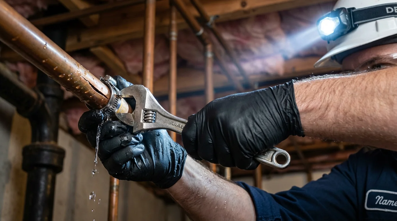Emergency pipe clamp repair being performed by a Johns Plumbing LLC plumber in Fossil