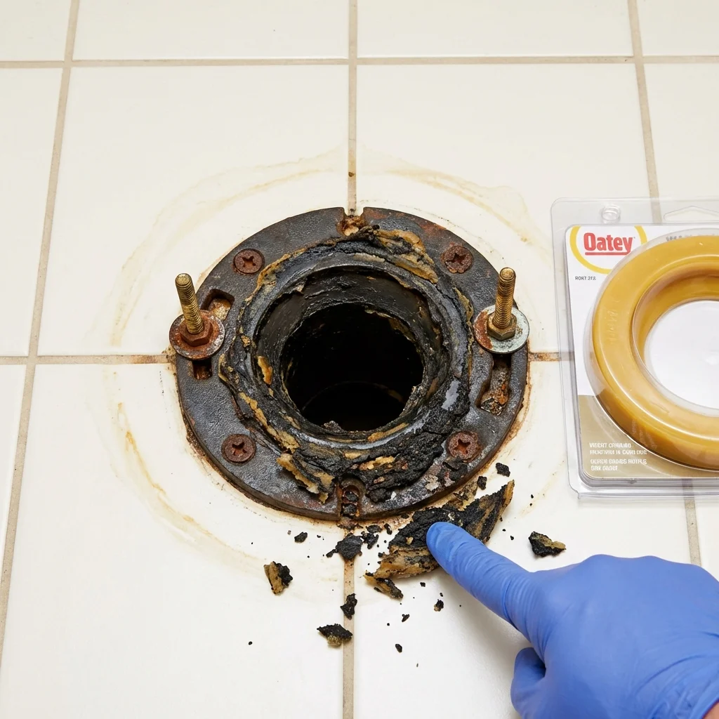 Failed wax ring showing water seepage at the base of a toilet in a Fossil, OR home